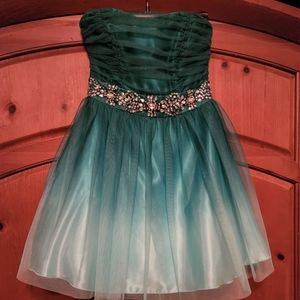 B Darlin strapless, green, ombre special occasion dress with jeweled waistline.